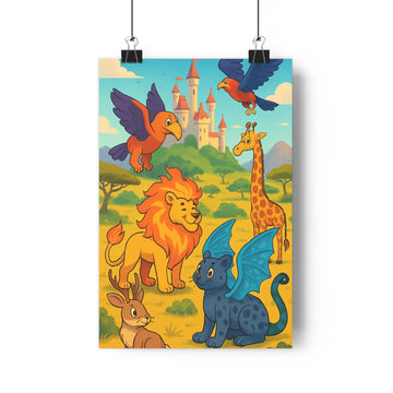 Poster vibrant lion girafe dragon cerf oiseau château colline arbres montagnes joyeuses couleurs vives enfantines détails simples fantastique chambre enfants
