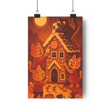 Poster chats colorés maison pain d’épice lune jaune sucre glaçage lanterne ombres branches nuit chaleureuse festive ambiance joyeuse simple cartoon