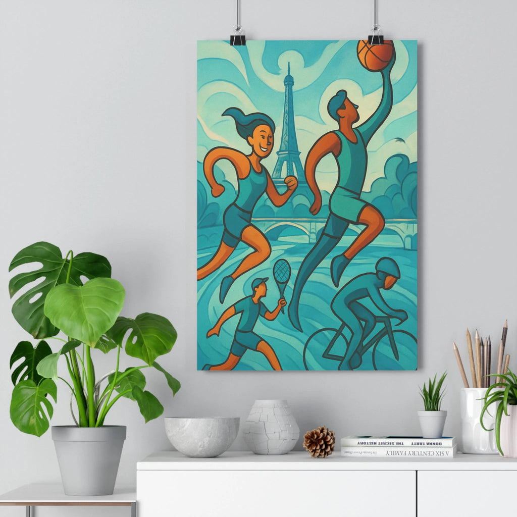 Poster décoratif dynamique sport athlètes bleu orange Paris moderne artistique salon chambre bureau qualité