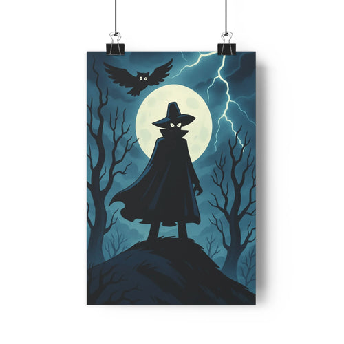 Poster gothique lune hibou forêt sombre silhouette cape chapeau branches nuits mystère noir bleu gris simple linéaire chambre salon