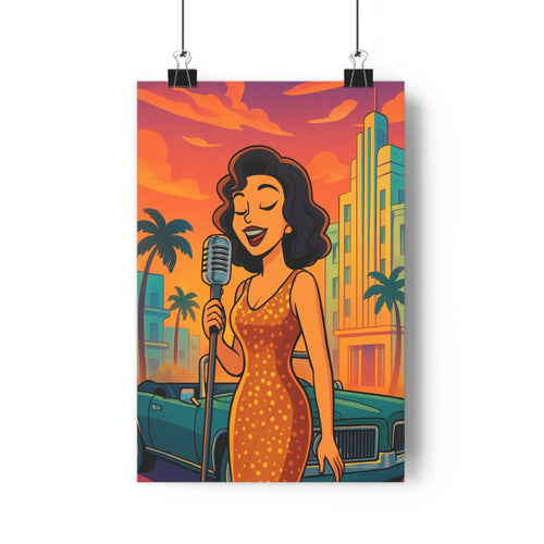 Poster femme-chanteuse robe-orange pois-dorés paysage-urbain palmiers gratte-ciels coucher-de-soleil plantes-vertes couleurs-vives style-pop-art ambiance-festive rétro-décoration salon-chambre