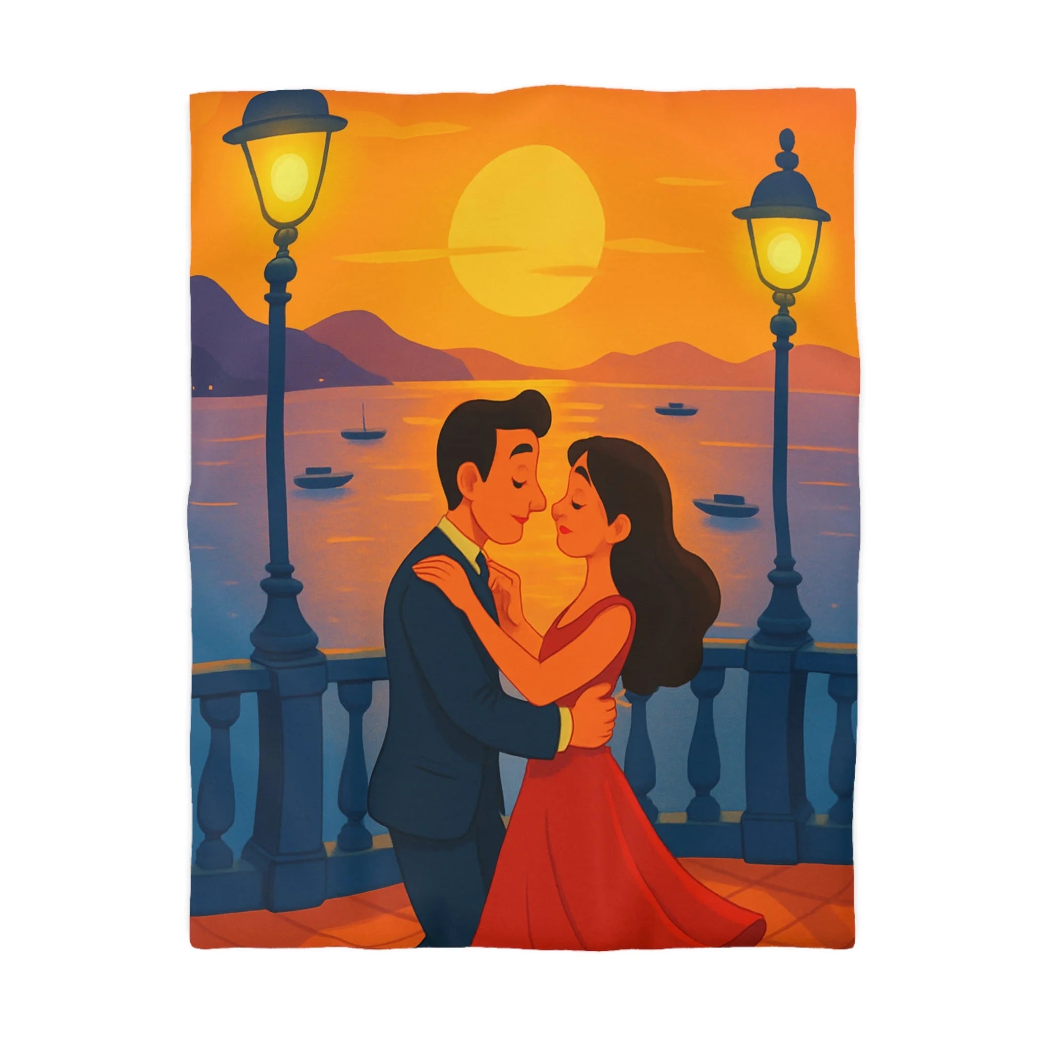 Housse de couette romantique coucher de soleil couple dansant au bord de mer