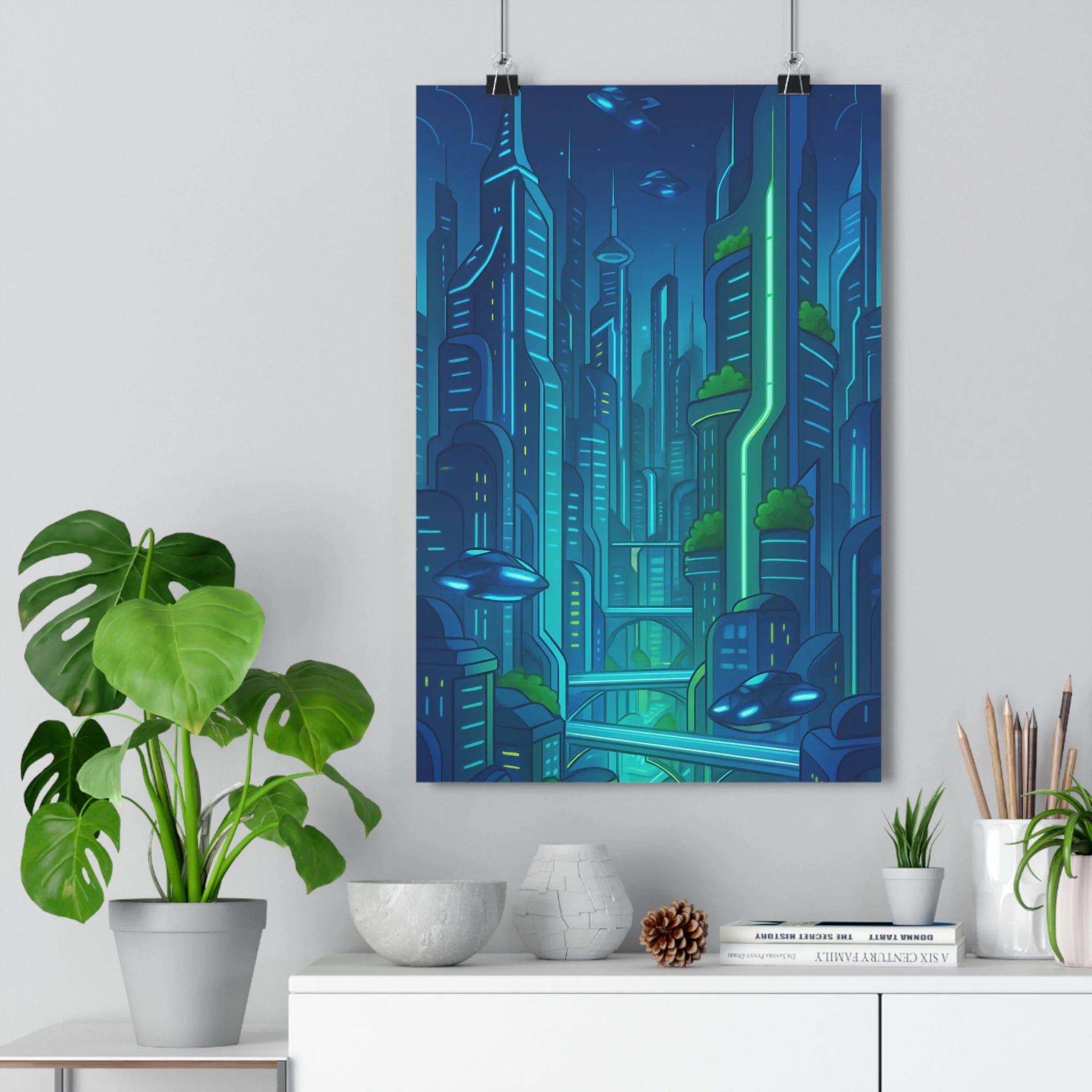 Poster décoratif futuriste bleu vert cyberpunk moderne mystique bureau chambre dessin animé 30x46 cm