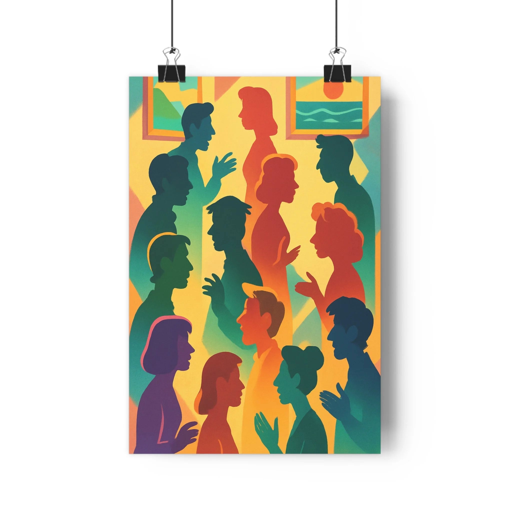 Poster décoratif moderne silhouettes colorées bleu orange vert cartoon surréaliste salon bureau dynamique intrigant