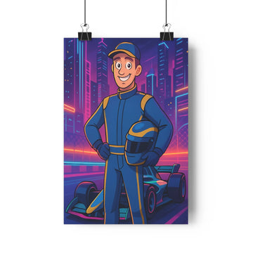 Poster moderne pilote course casquette costume bleu nuit ville future gratte-ciels néons colorés ambiance dynamique cartoon chambre salon bureau