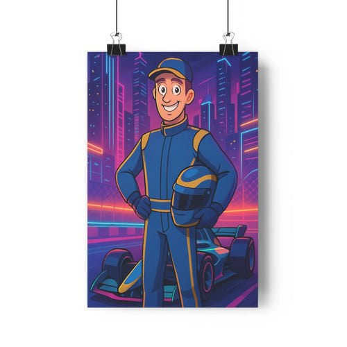 Poster moderne pilote course casquette costume bleu nuit ville future gratte-ciels néons colorés ambiance dynamique cartoon chambre salon bureau