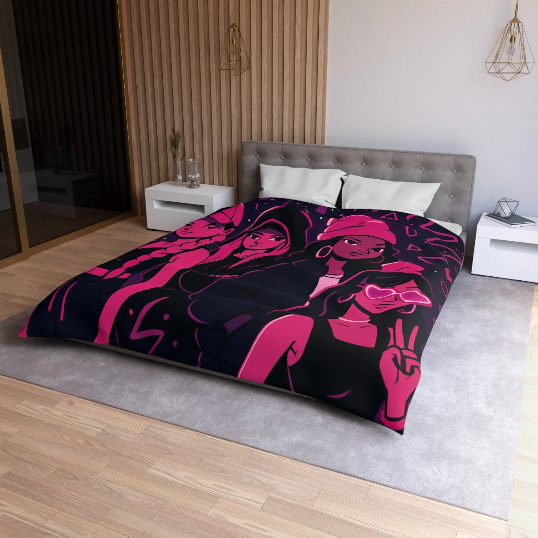 Housse de couette urbaine avec silhouettes féminines et motifs fluorescents nuit étoilée