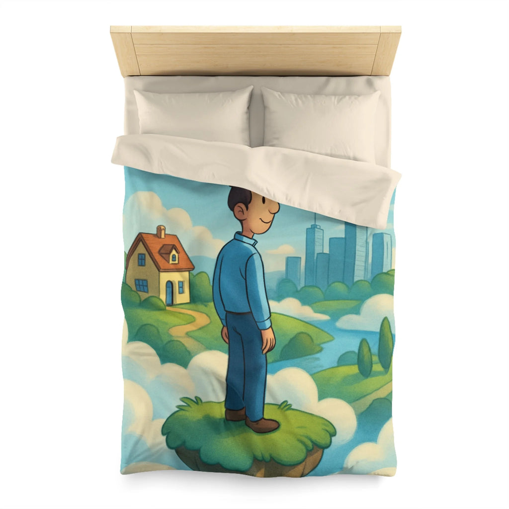Illustration de rêve serein de paysage flottant avec personnage et ville éloignée
