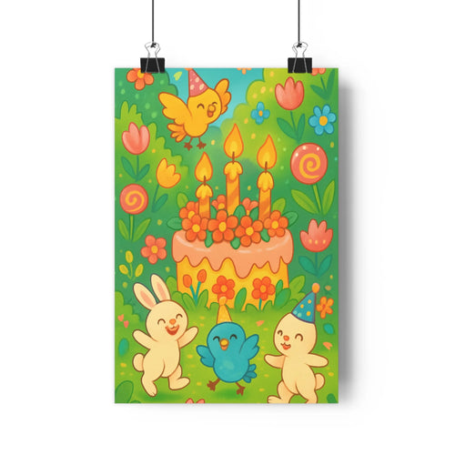Poster anniversaire gâteau bougies fleurs animaux lapins oiseau chapeaux fête cartoonaux contours couleurs joyeuses vertes jaunes roses bleues conviviales chambre