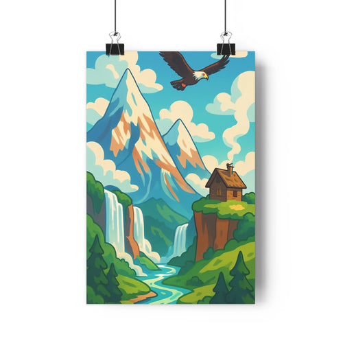 Poster montagnes enneigées cascade maison aigle foret conifères rochers bleu vert beige cartoon paisible serein salon chambre