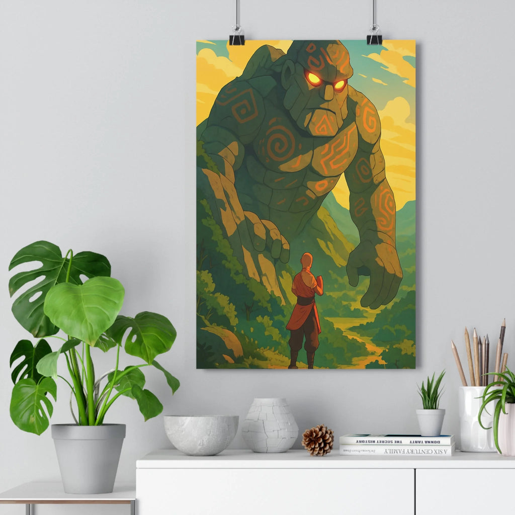Poster décoratif mystique anime géant pierre spirales lumineux chaud vibrant chambre bureau ambiance qualité