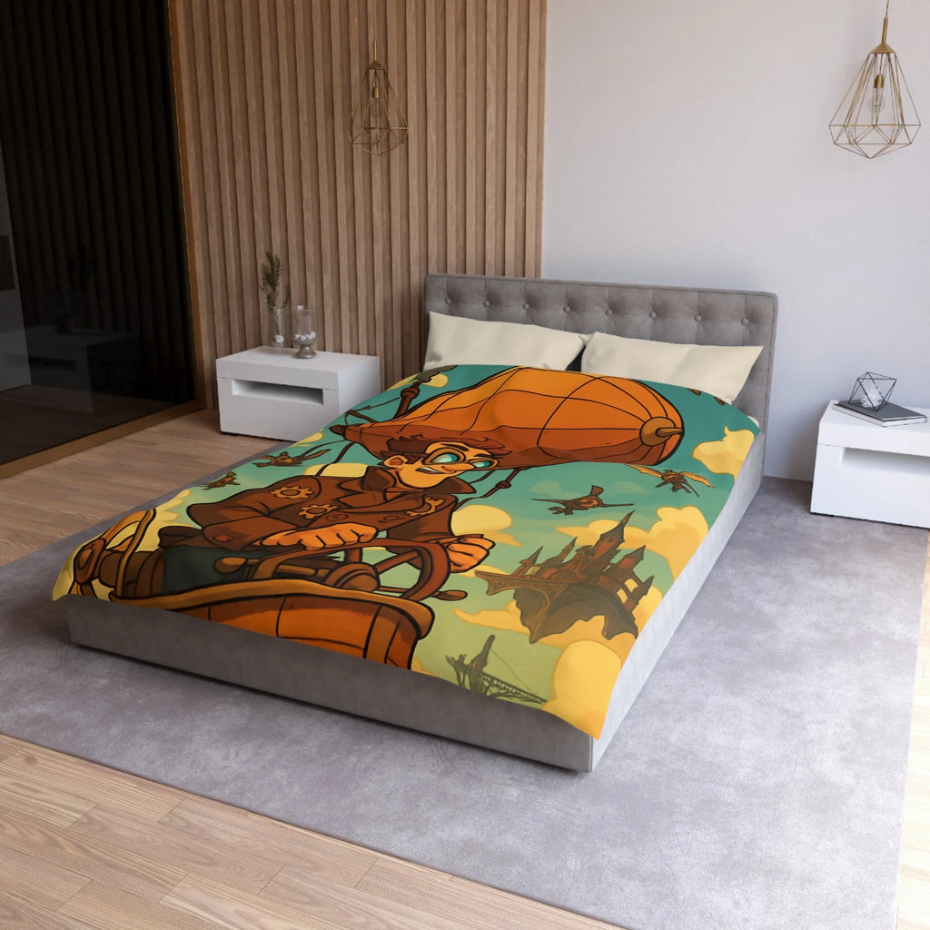 Housse de Couette Steampunk avec Ballon Dirigeable et Cité Volante dans le Ciel