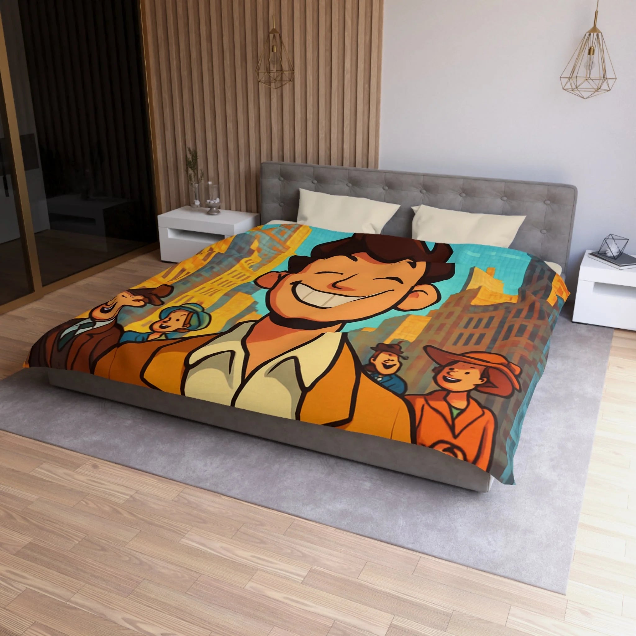 Housse de couette vintage avec personnages souriants et architecture urbaine en arrière-plan