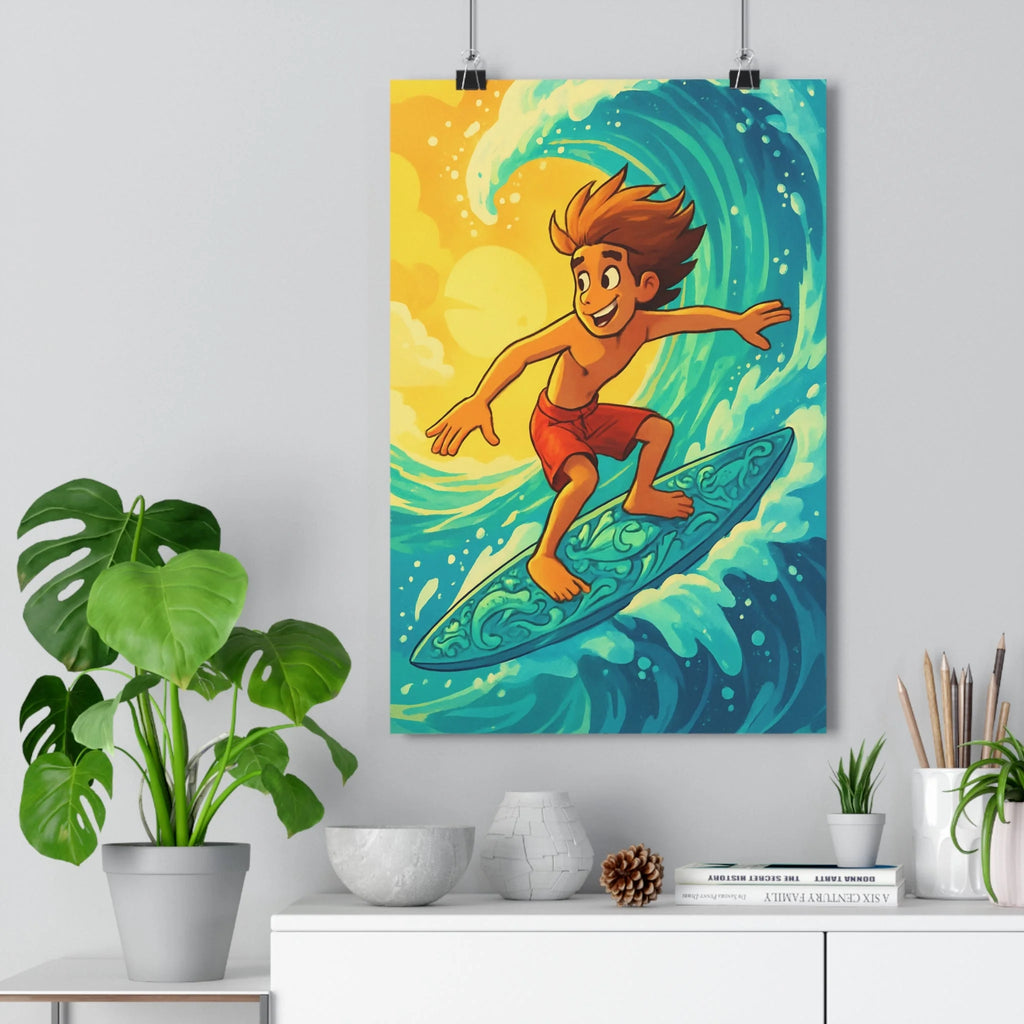 Poster décoratif cartoon surf enfant bleu rouge turquoise joyeux été chambre fun dynamique tendance