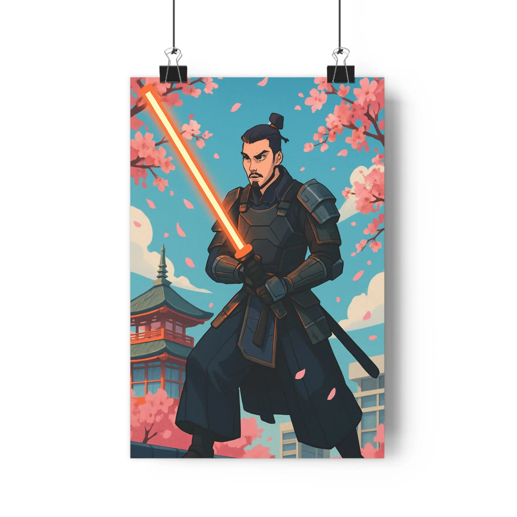 Poster décoratif moderne samouraï futuriste armure sabre lumineux fleurs cerisier bleu dynamique animé salon