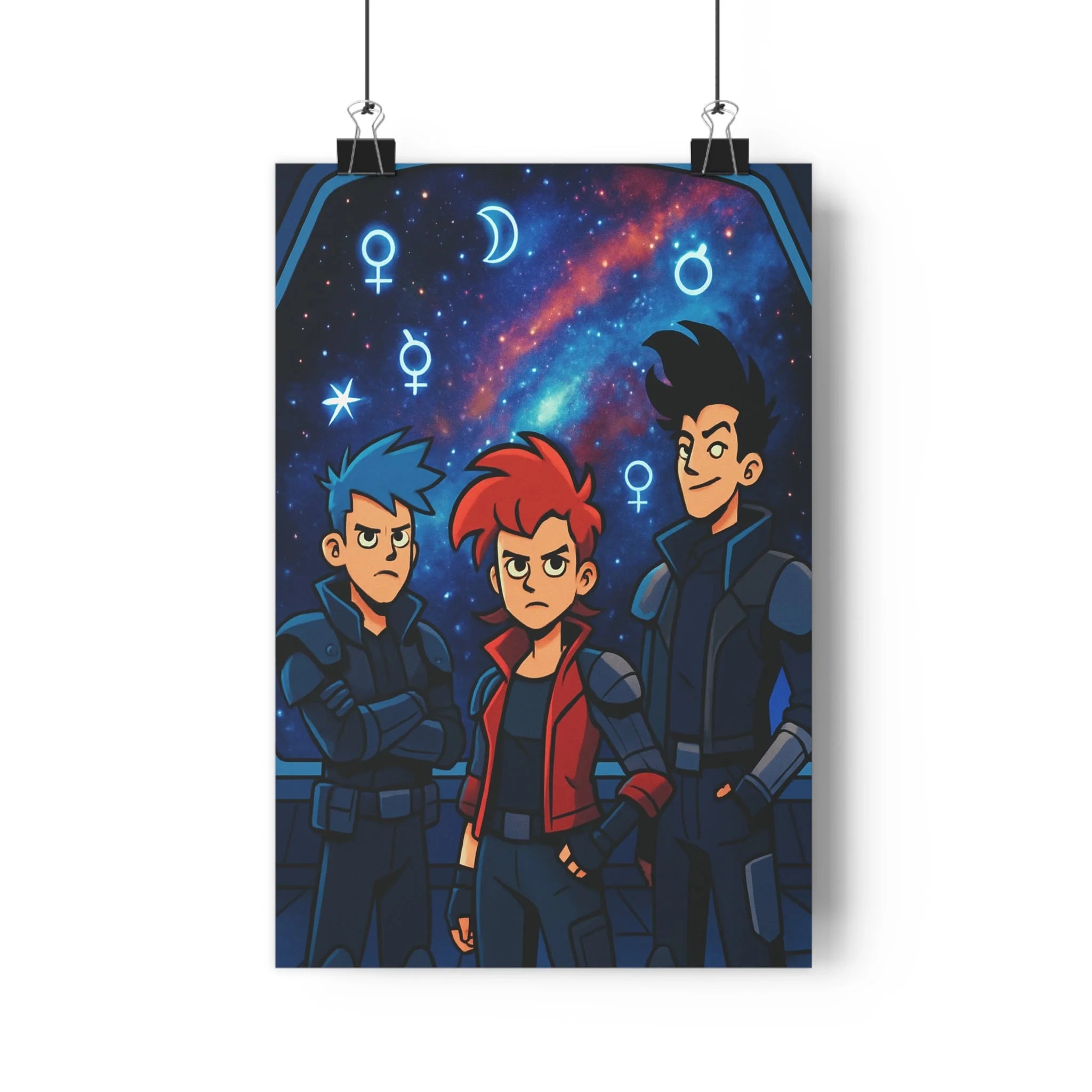 Poster décoratif rétrofuturiste anime bleu rouge aventure espace chambre bureau cosmique vibrant 30x46 qualité