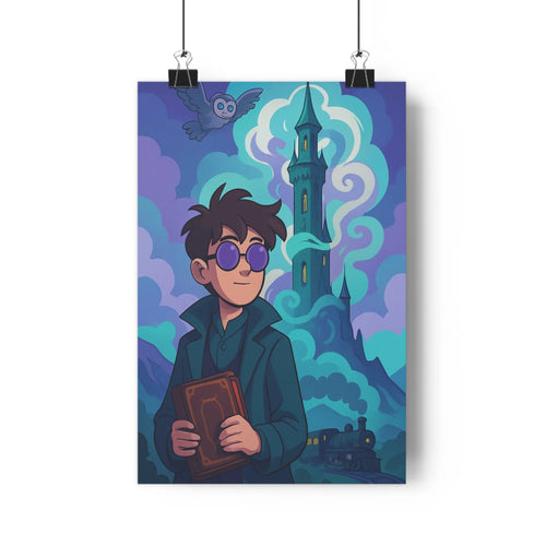 Poster mystique jeune garçon lunettes livre manteau vert chouette tour pointue locomotive rails ciel bleu nuages ambiance fantastique cartoon chambre