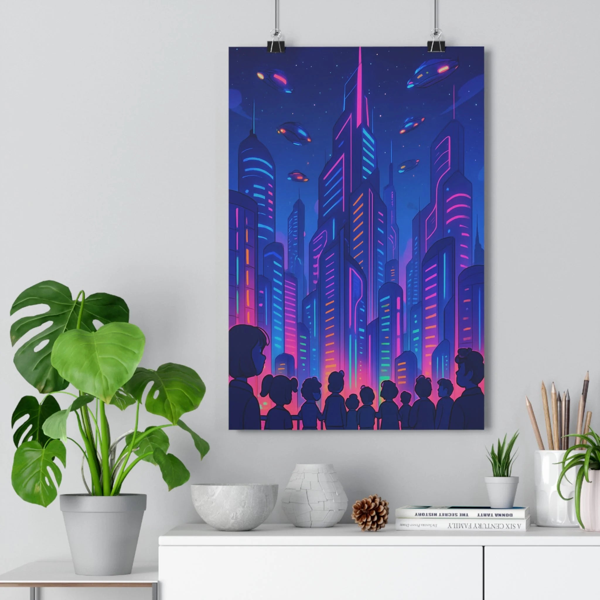 Poster décoratif futuriste cyberpunk néons bleus roses violets salon moderne urbain sciencefiction immersif design