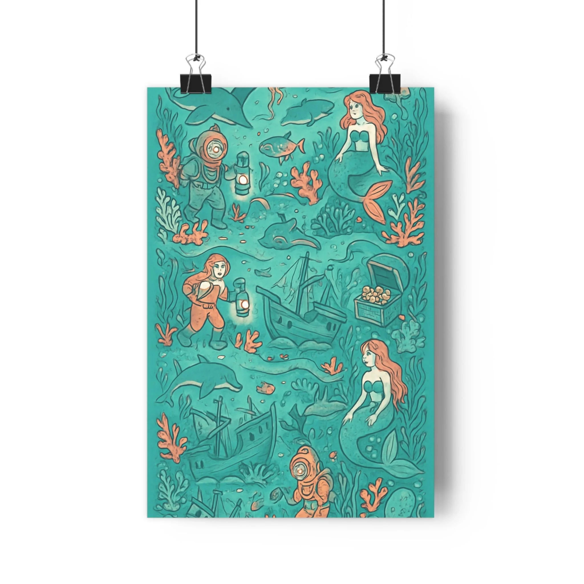 Poster décoratif marin aventure turquoise orange cartoon enfant chambre créatif scaphandre épave mystérieux poisson