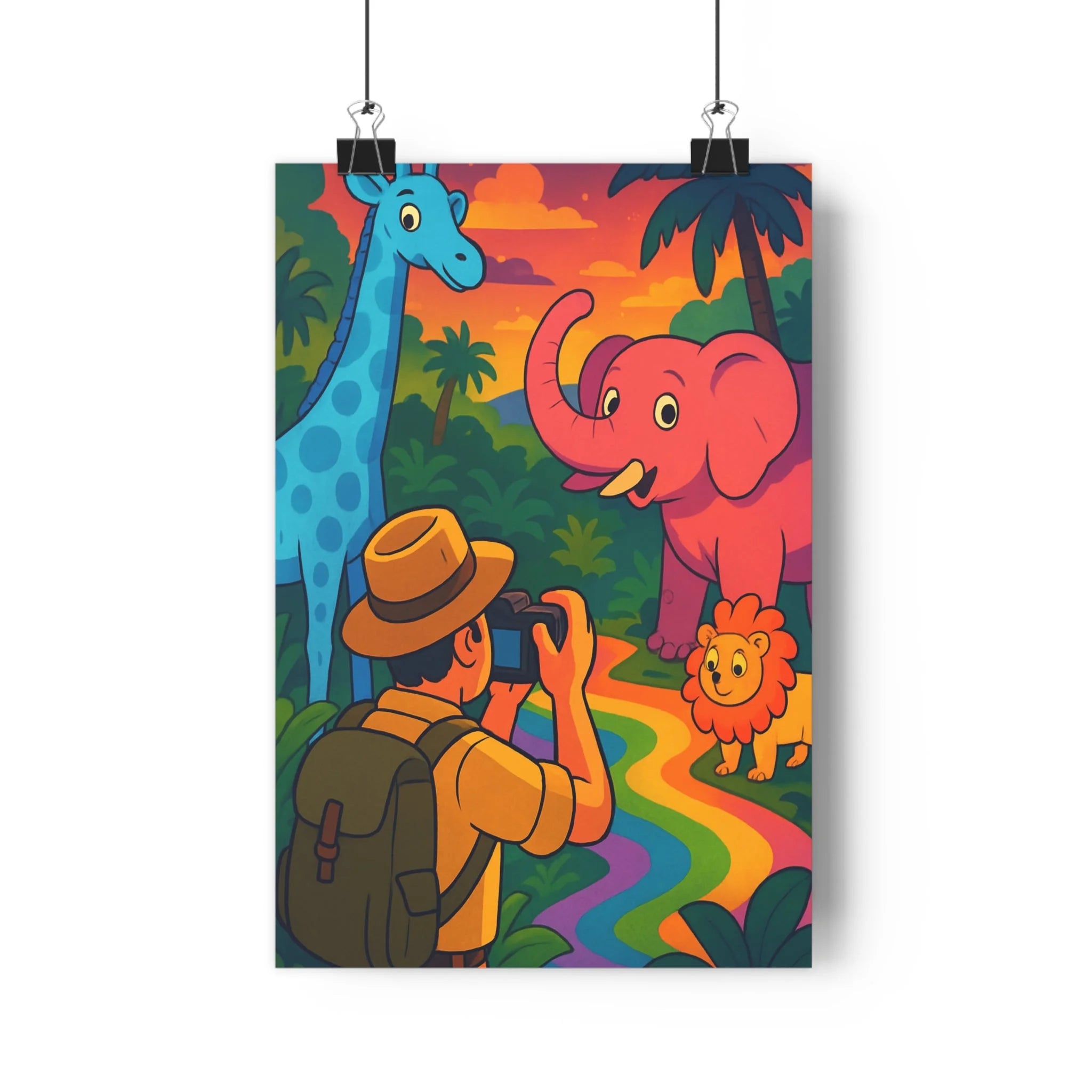 Poster décoratif safari cartoon coloré exotique joyeux enfant girafe éléphant lion jungle vibrant qualité