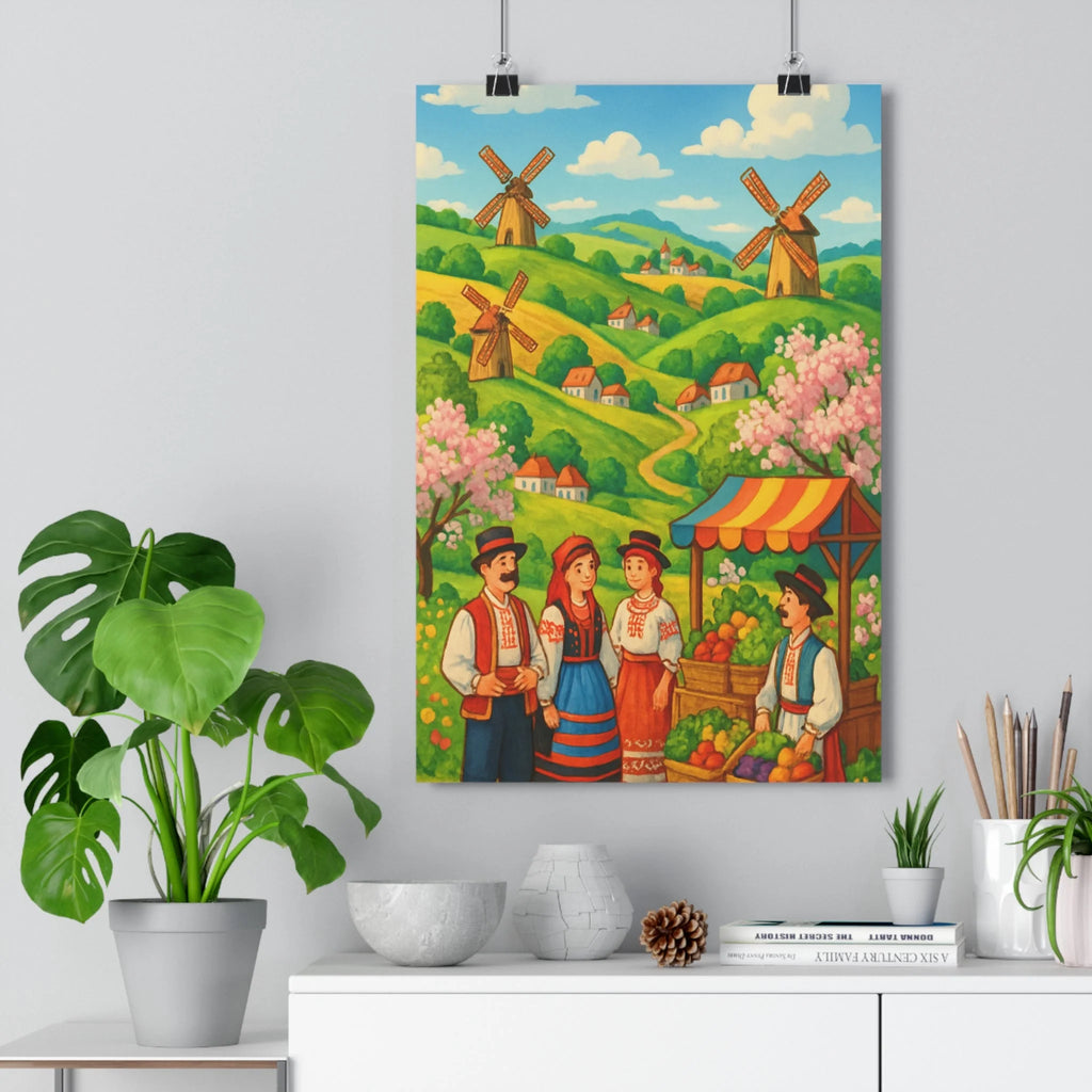 Poster paysage campagne personnages costumés fruits légumes moulins à vent maisons collines verdoyantes cerisiers en fleurs ciel bleu nuages blancs