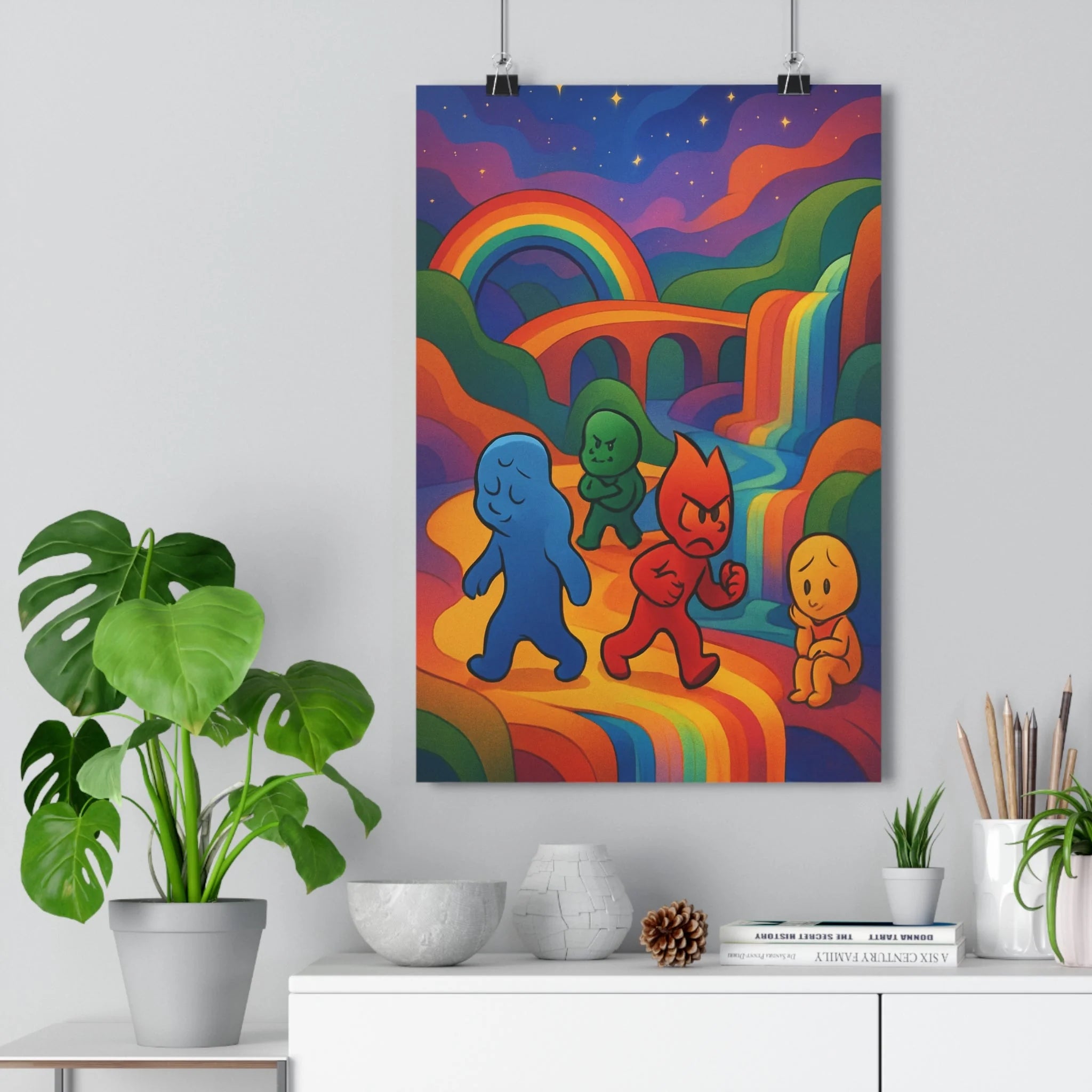 Poster décoratif surréaliste émotion personnages colorés cartoon arcenciel cascade magique rêveuse chambre salon qualité