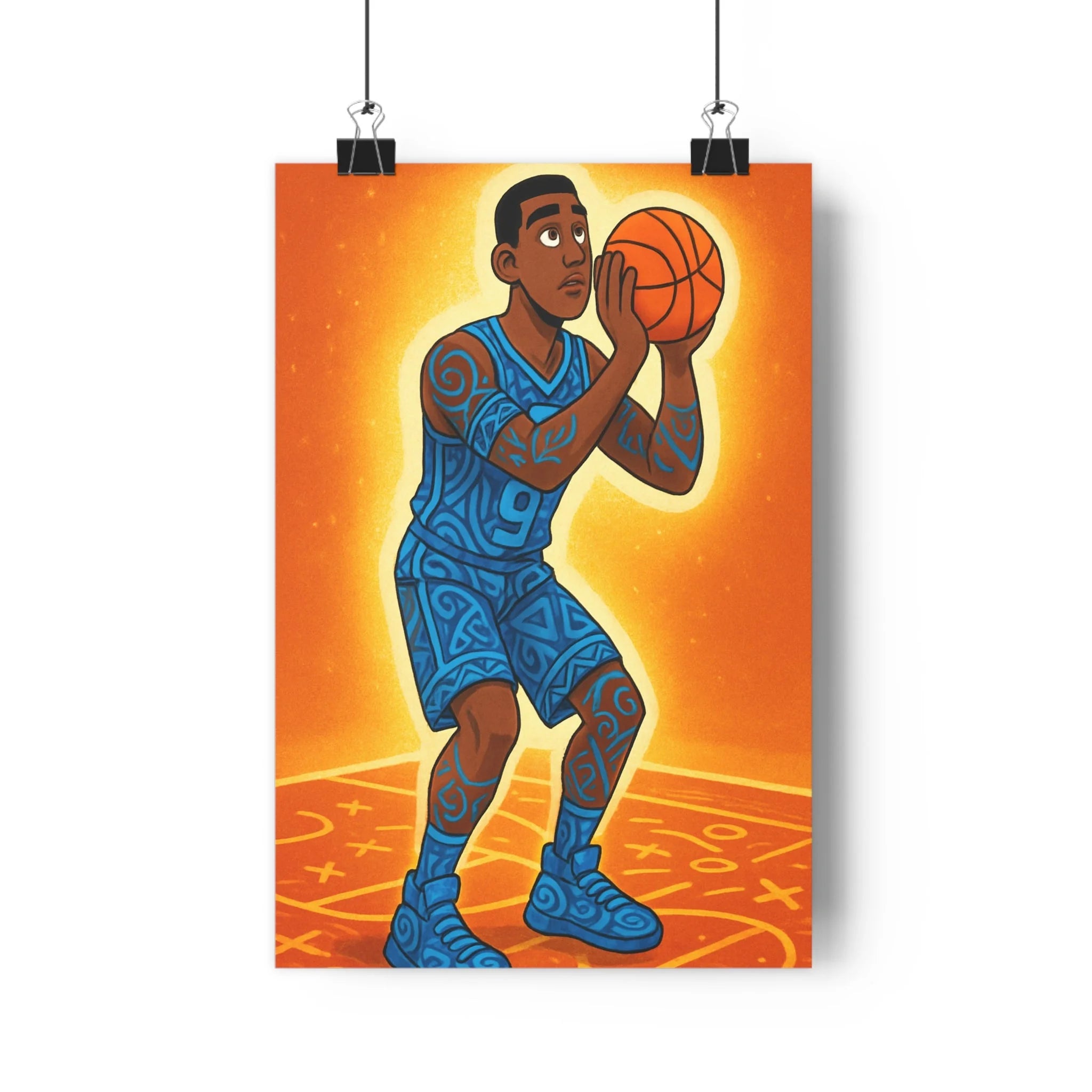 Poster décoratif basket moderne dynamique bleu orange tribaux chambre bureau sport énergie action 30x46