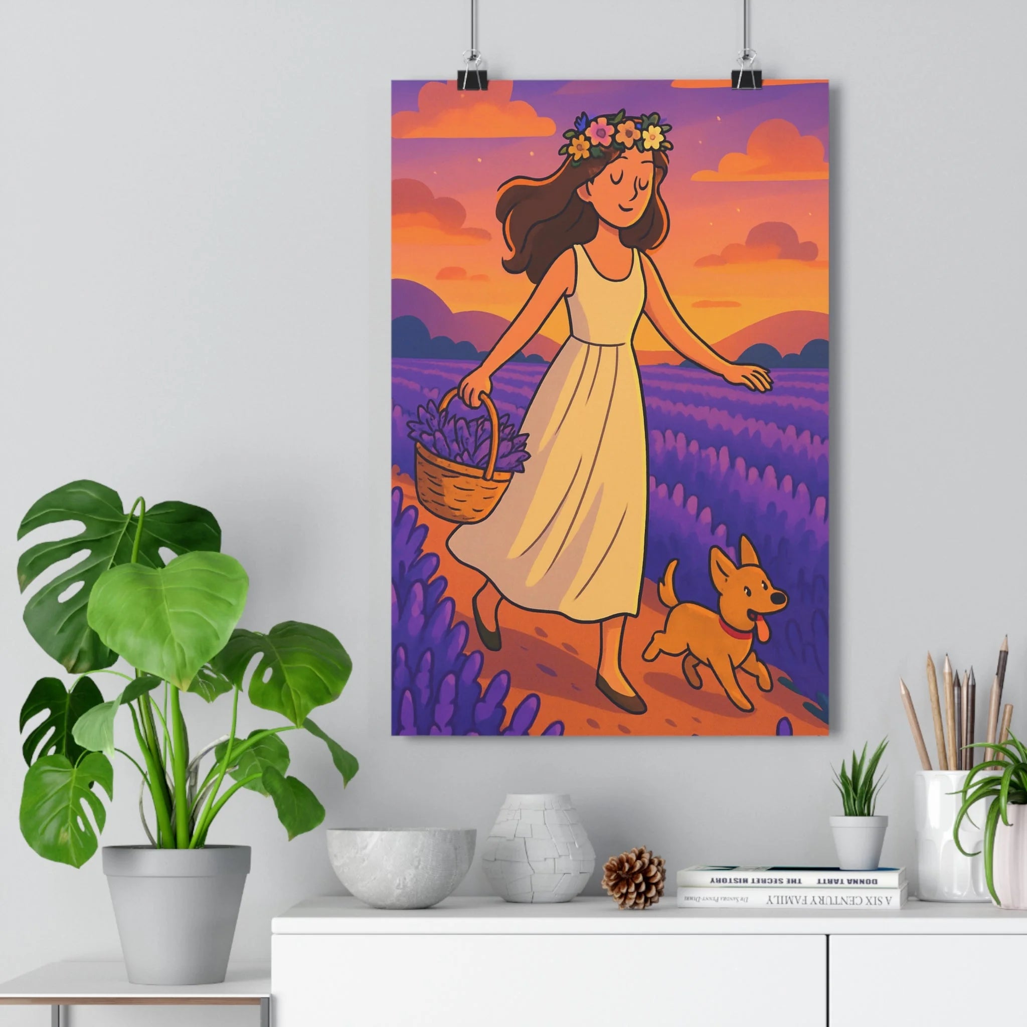 Poster décoratif bohème cartoon lavande chien blanc fleurs joyeux apaisant chambre salon 30x46 cm