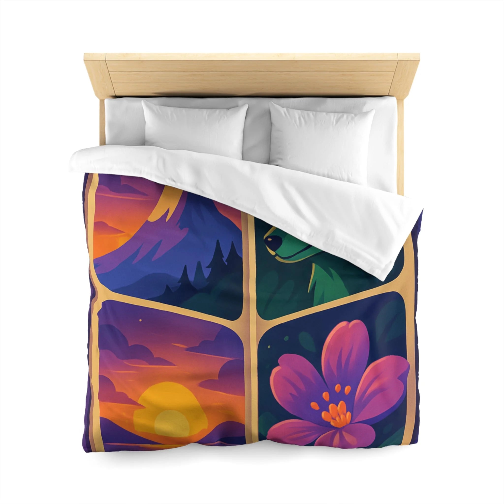 Housse de Couette Paysage Montagne Forêt Animale Florale Vibrante pour Chambre Moderne