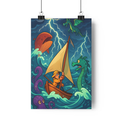 Poster marin aventurier barque vagues tumultueuses ciel noir foudres poisson rouge dragon volant octopus yeux agrandis couleurs vives style cartoon