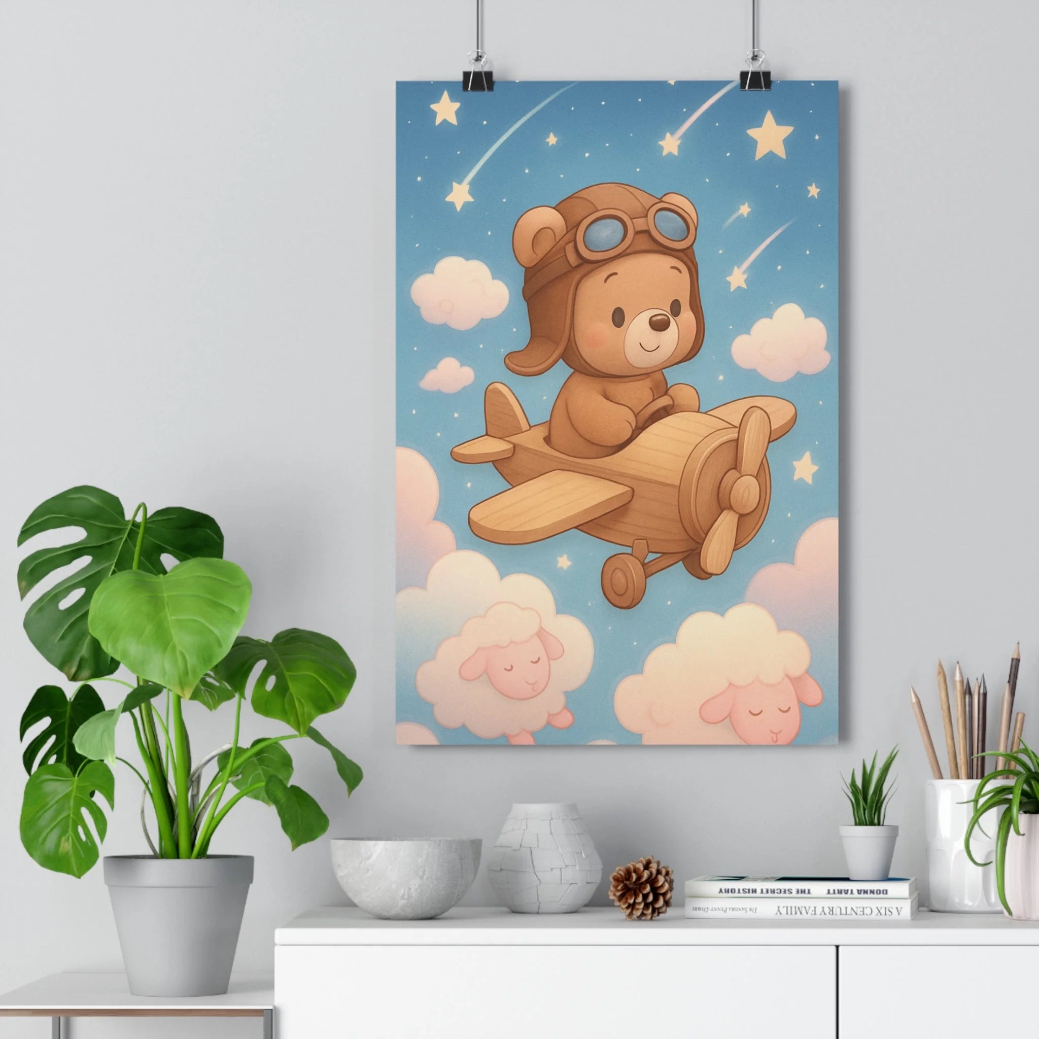 Poster décoratif pastel aventure cartoon ourson nuages étoiles chambre bébé format 30x46 apaisant qualité