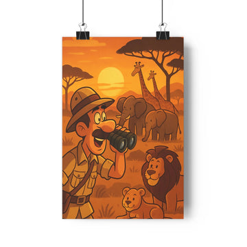 Poster safari cartoon explorateur girafes éléphants lion couchant arbres nature paisible couleurs chaudes chambre enfants