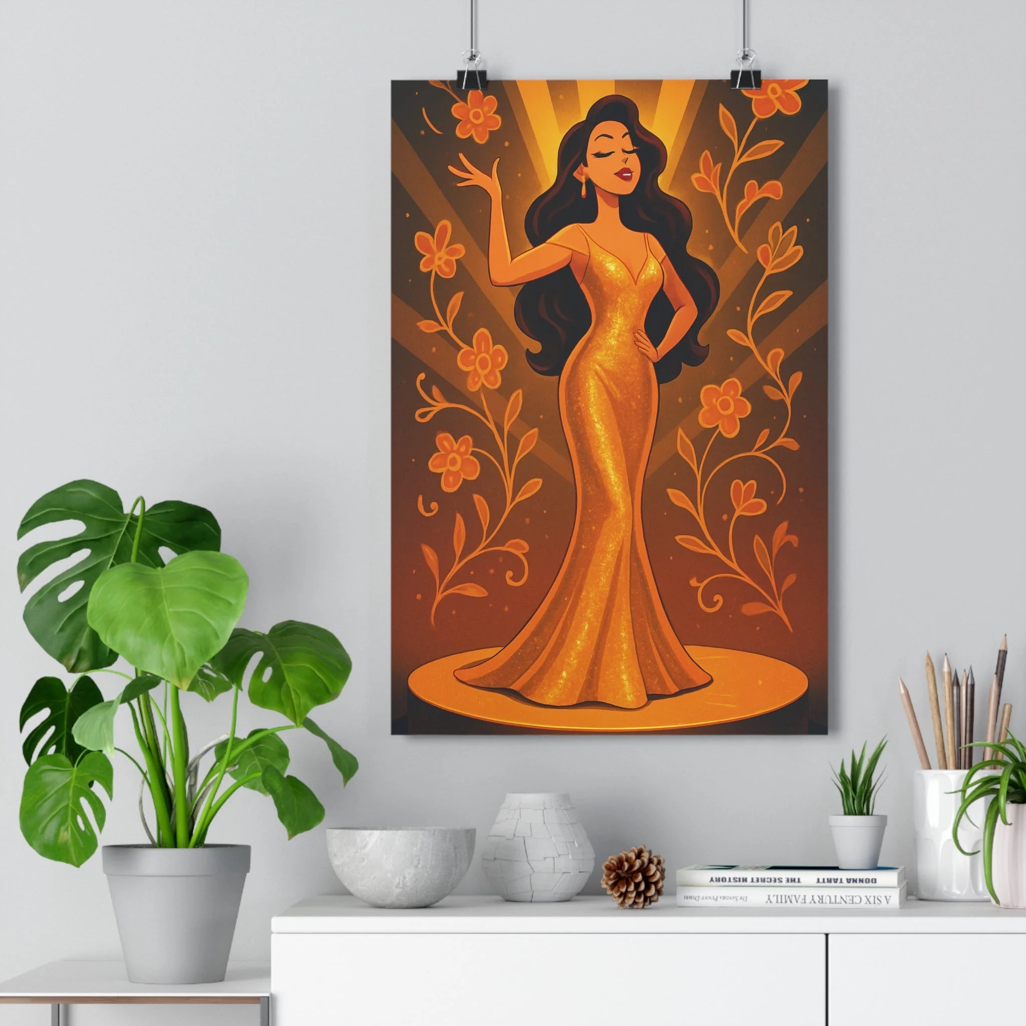 Poster décoratif moderne femme doré art cartoon élégant salon chambre bureau tendance 30x46 lumineux