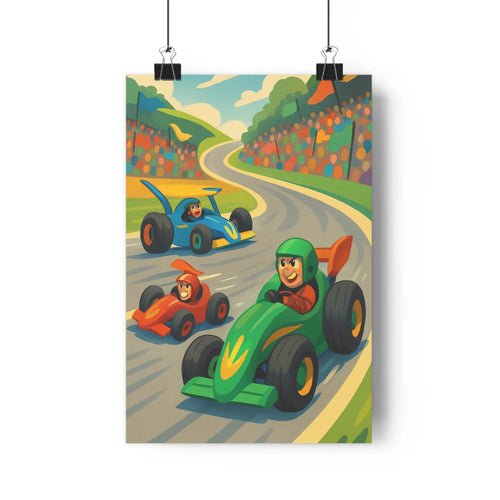 Poster course voitures route sinueuse collines verdoyantes conducteur casque rouge arbres colorés nuages ciel bleu orange vibrant cartoon énergique chambre