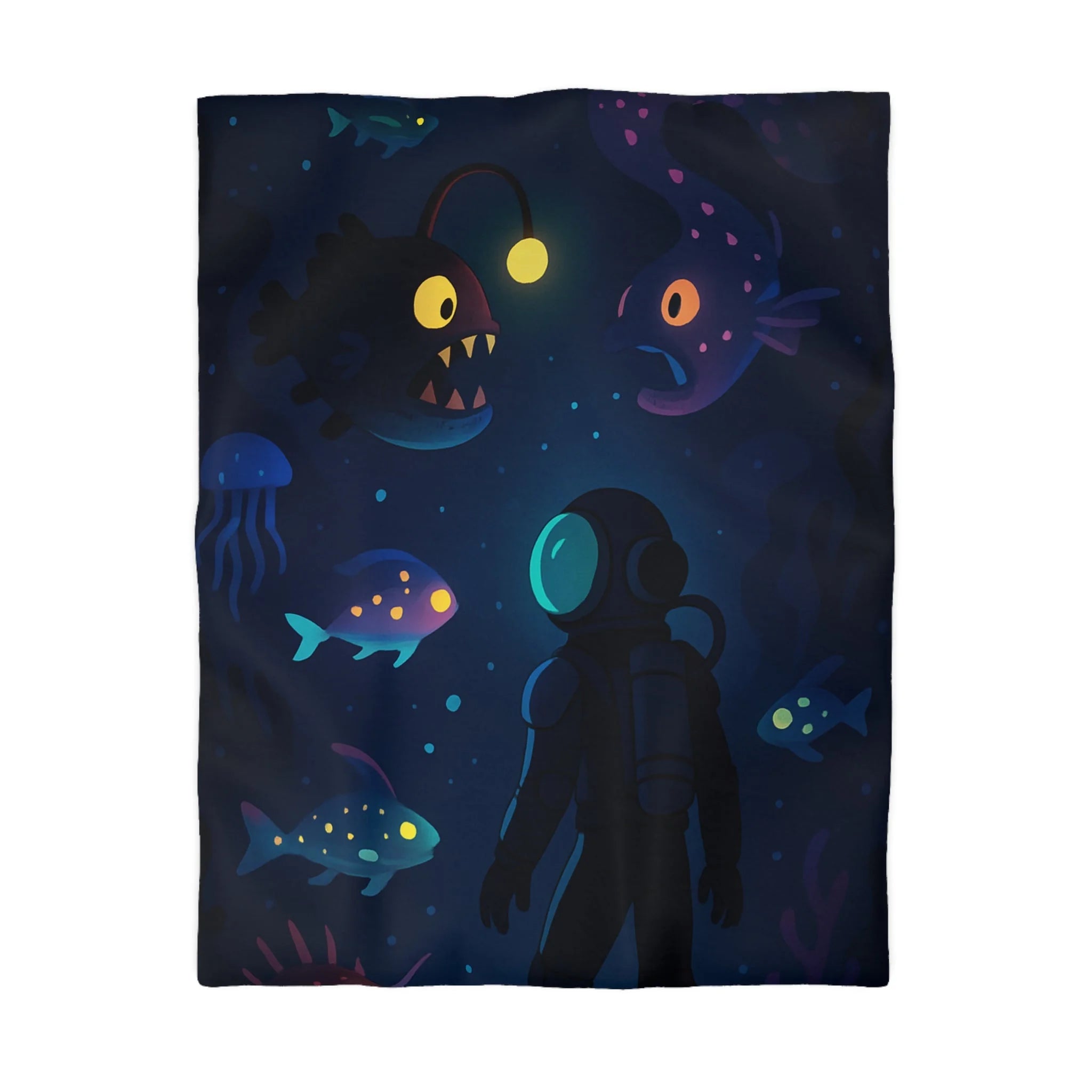 Housse de couette océanique avec plongeur et créatures marines lumineuses mystérieuses