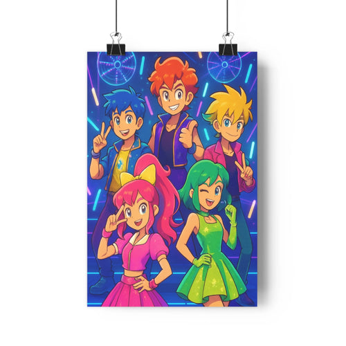 Poster animé coloré bleu vert rose dynamique énergie expression faciale joyeuse ambiance festive plante verte étagère blanche style cartoon contours