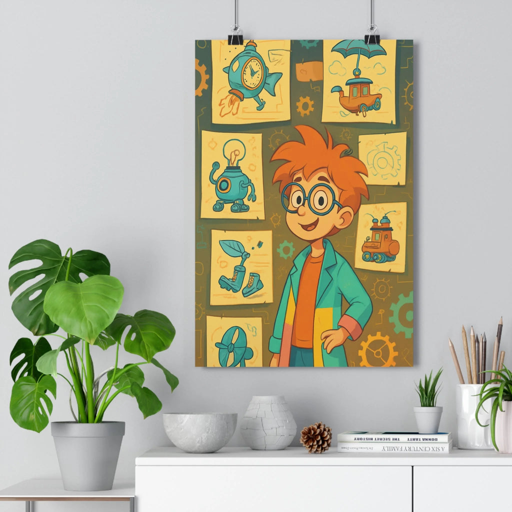 Poster décoratif cartoon steampunk rouge orange ludique enfant créatif chambre inventeur excentrique format 30x46