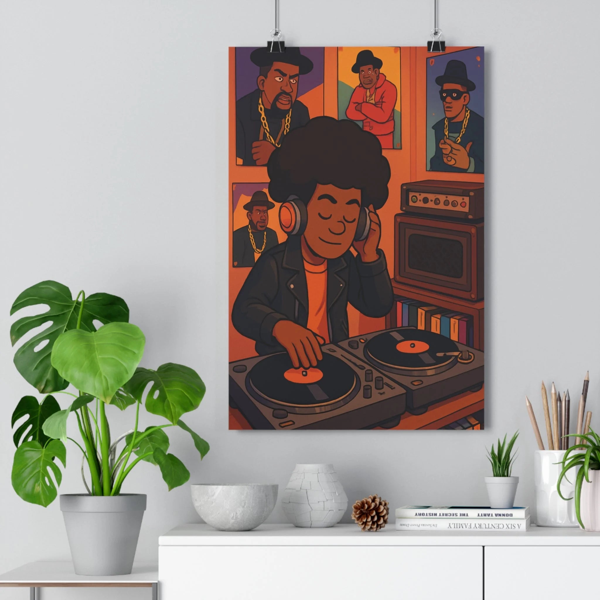 Poster décoratif vintage rétro dj vinyles cuir casque audio ambiance chaude nostalgique salon unique