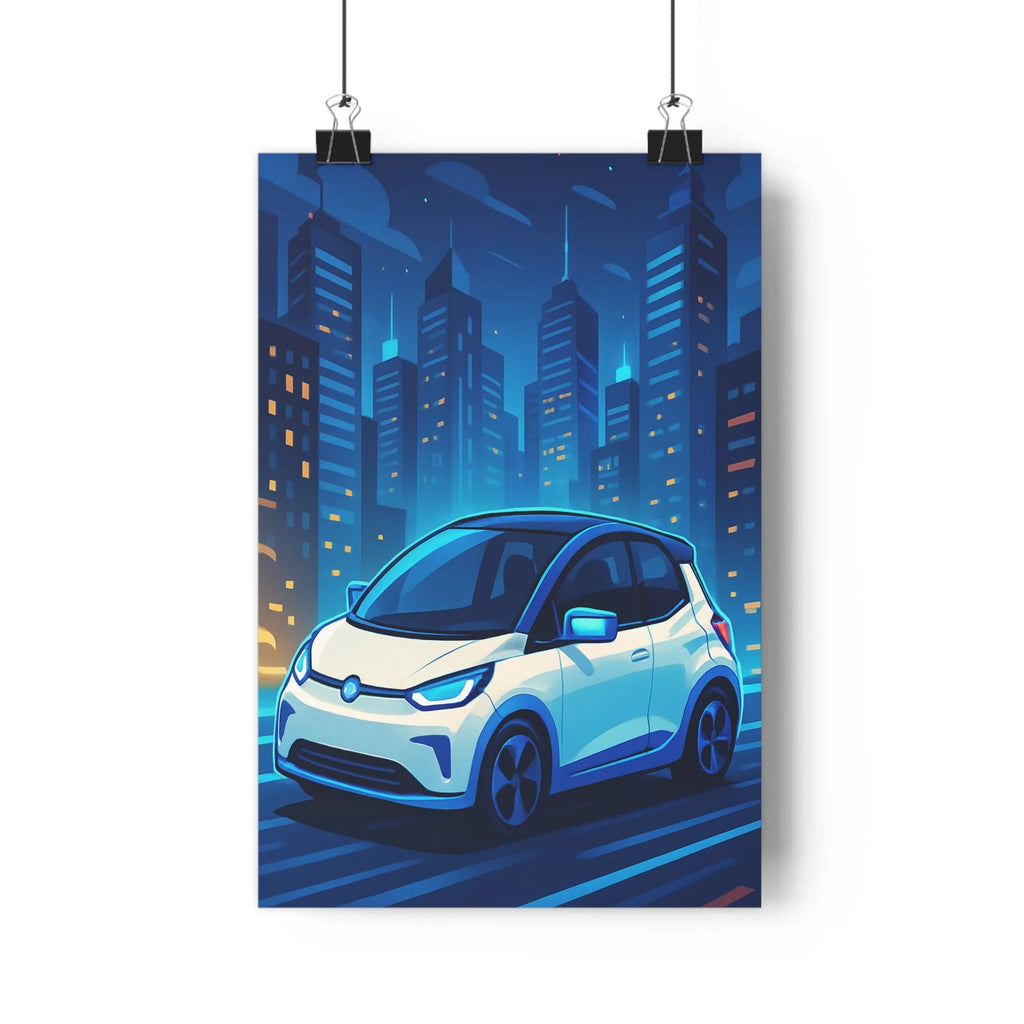 Poster décoratif voiture blanc moderne futuriste illuminée ville salon bureau dynamique bleu orange 30x46