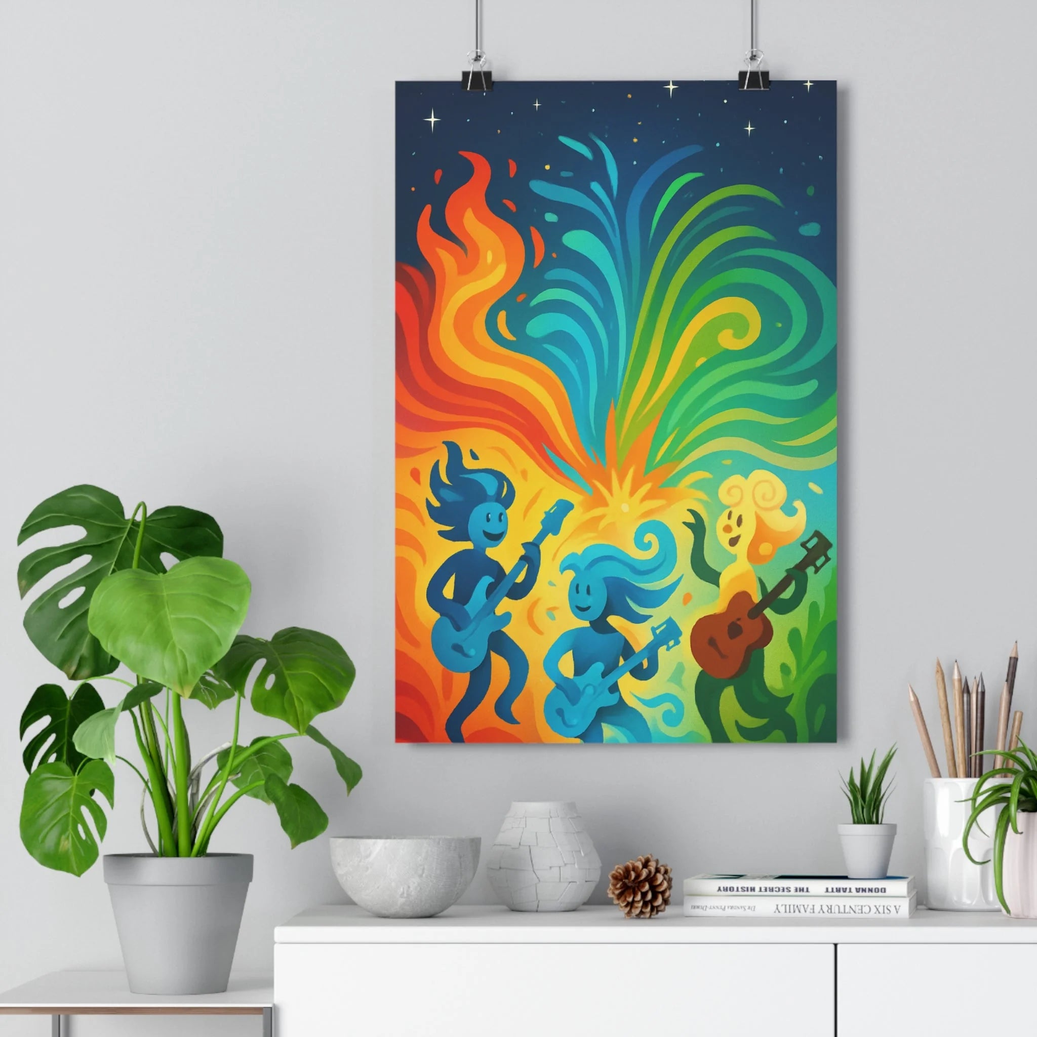 Poster décoratif coloré surréalisme cartoon flammes vagues salon chambre musique joyeux vibrant 30x46 cm