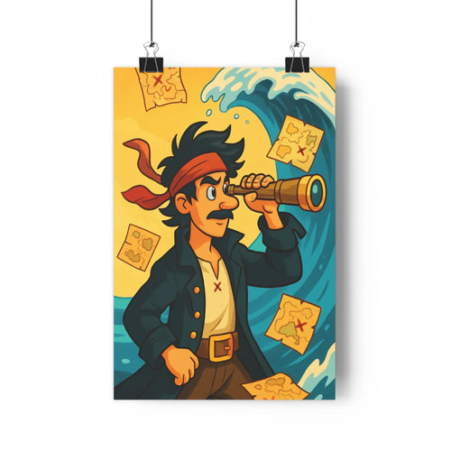 Poster cartoon aventure bleu jaune exploration moustache chevalet cravate navigation vagues ciel dynamique curiosité chambre