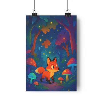 Poster féerique forêt nuit renard arbres sombres champignons colorés étoiles dorées ambiance magique bleu rouge détails cartoon chambre adolescente