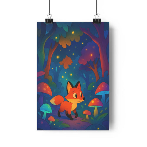 Poster féerique forêt nuit renard arbres sombres champignons colorés étoiles dorées ambiance magique bleu rouge détails cartoon chambre adolescente