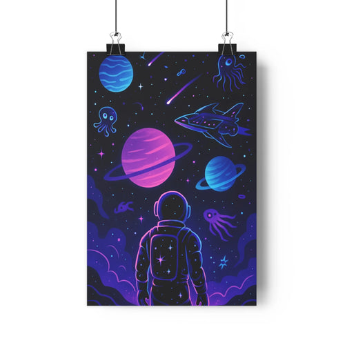 Poster astronaute espace planètes étoiles comètes pieuvre violet bleu noir rose blanc moderne fantaisie exploration salon chambre bureau