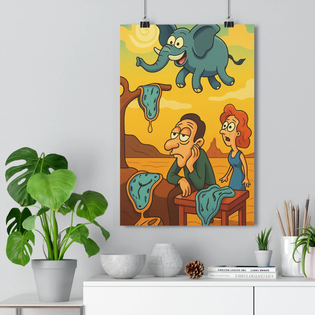 Poster elefant bleu volant surprise homme femme désert montagnes arbre sec couleur bleue verte jaune brune style cartoon humour décors