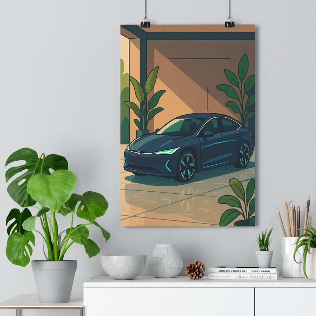 Poster décoratif voiture électrique moderne chic bleu vert salon bureau illustration cartoon ambiance fluide