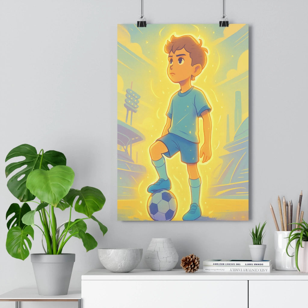 Poster décoratif moderne cartoon pastel jeune joueur football énergie chambre enfant confiance lumineux qualité