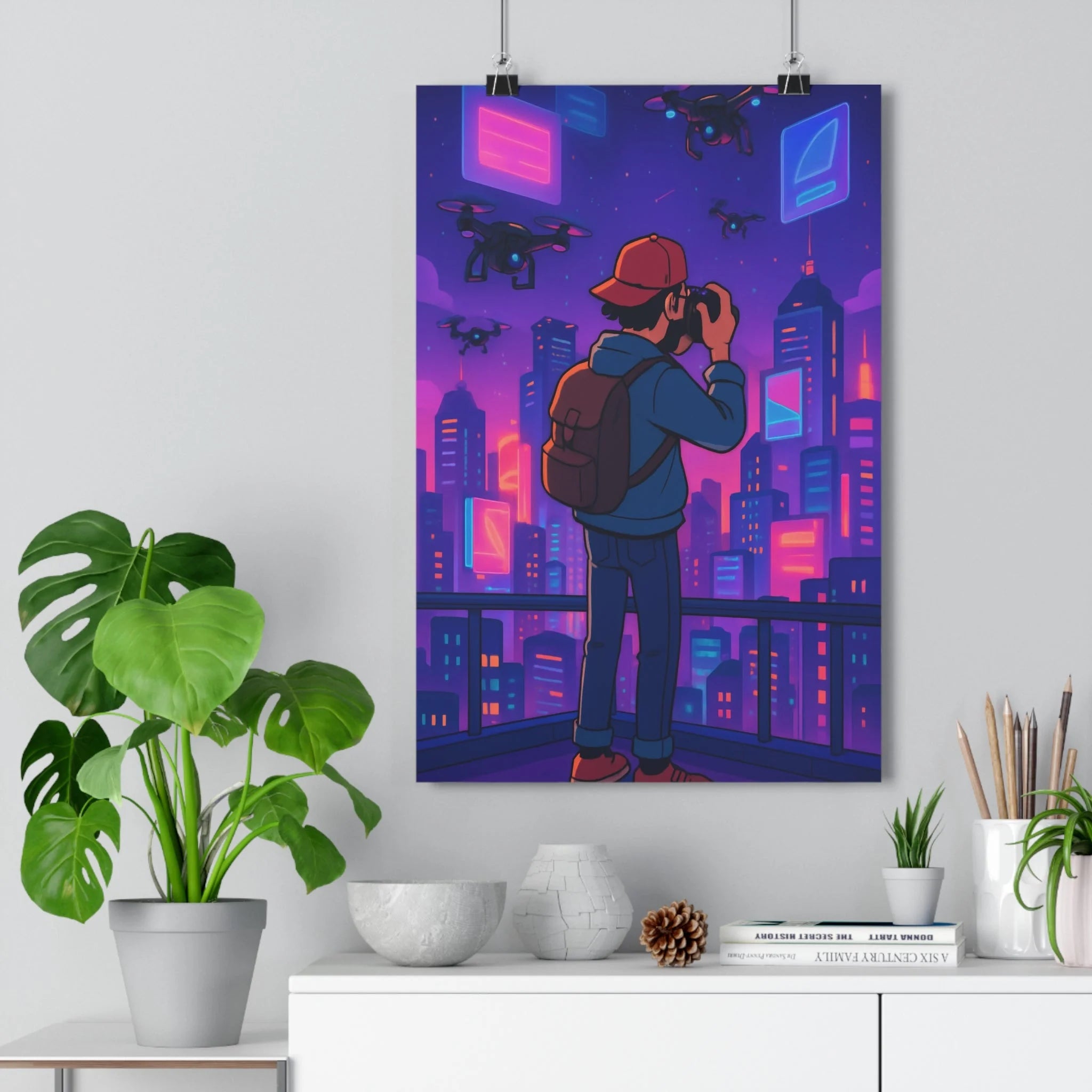 Poster décoratif cyberpunk néon rose bleu violet moderne salon bureau métropole futuriste vibrant 30x46