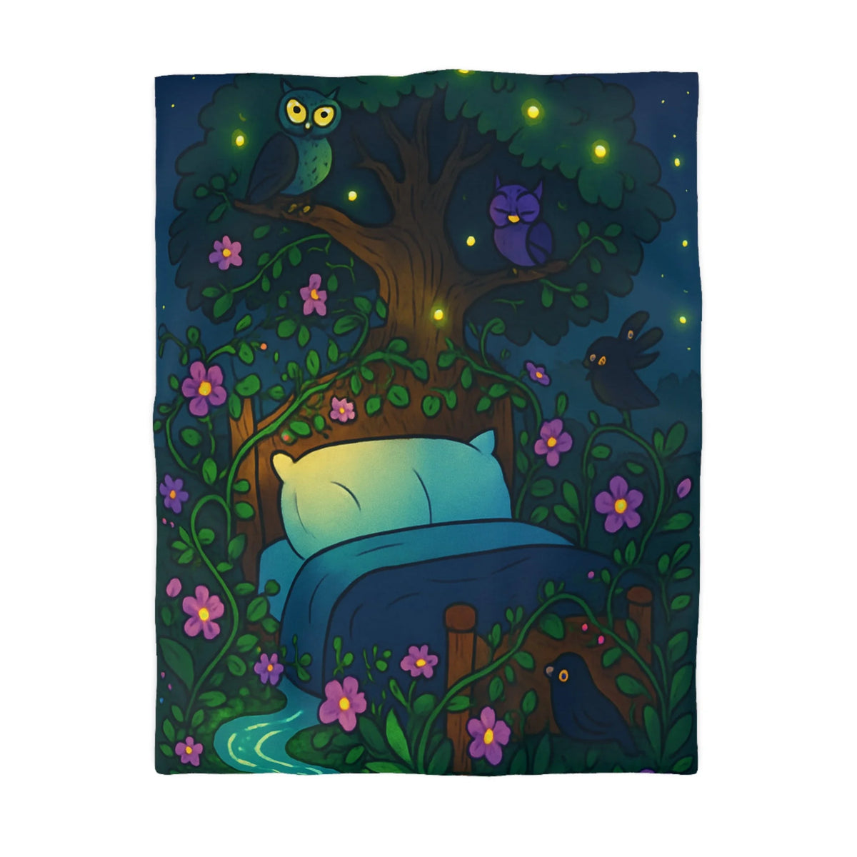 Rêve magique dans une forêt nocturne avec lit et cours d'eau enchanté