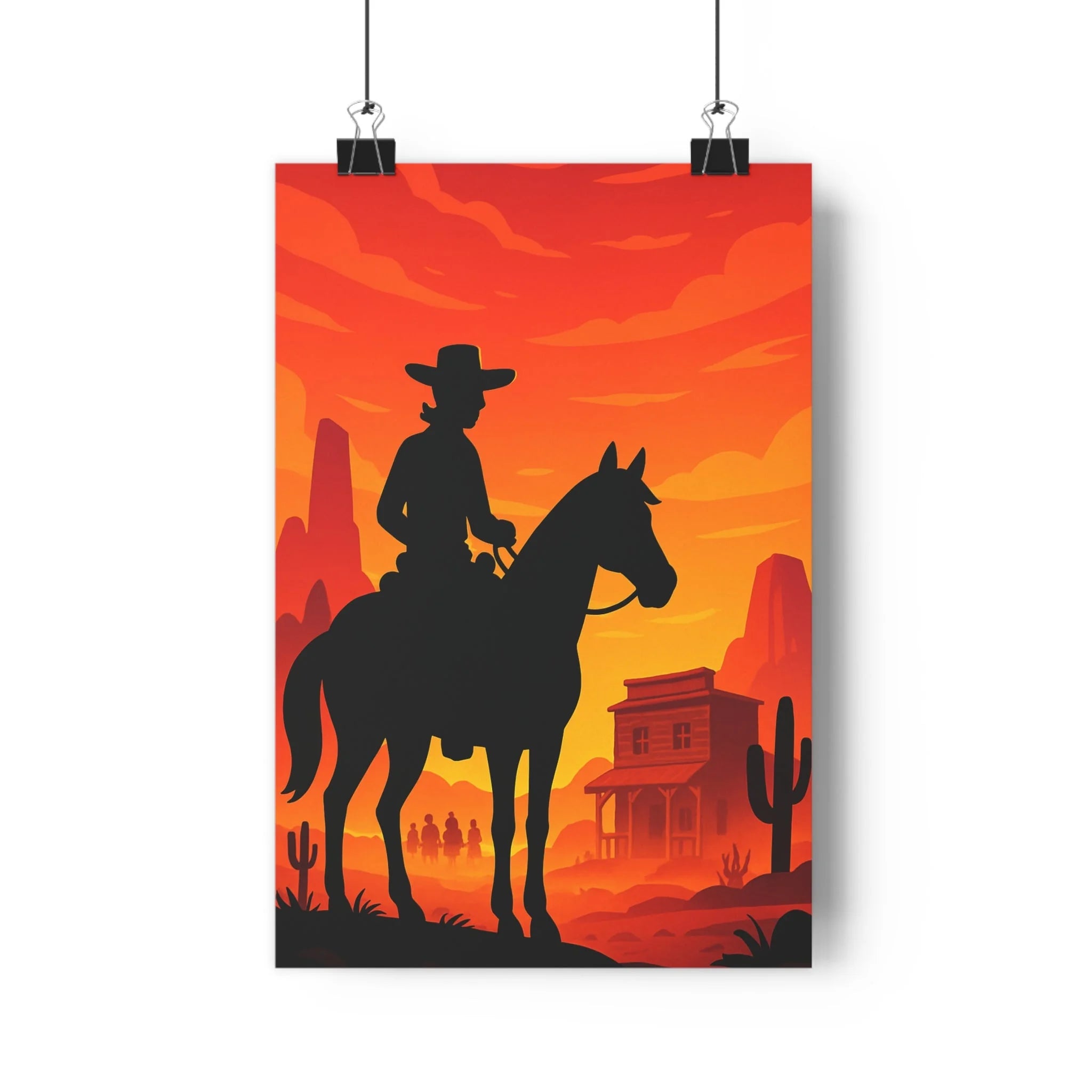 Poster décoratif vintage coucher soleil orange rouge cowboy cheval western salon chambre ambiance dramatique